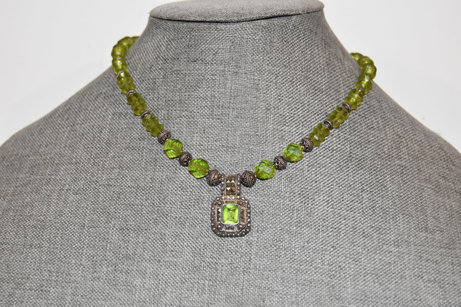 Vintage Sterling Silver tourmaline green marcasite pendant necklace 15": Vintage Sterling Silver tourmaline green marcasite pendant necklace 15" Please view all photos as they are part of the description and condition of this Item, Feel free to contact me with questions or