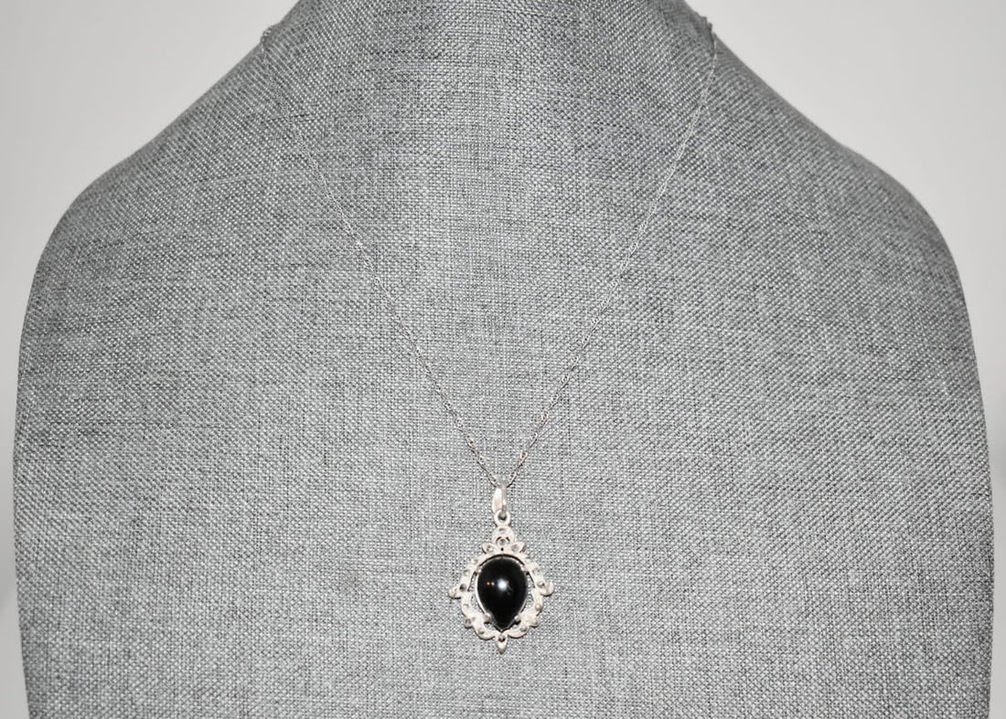 Vintage Sterling Silver Onyx Marcasite Pendant Necklace (1 of 6)