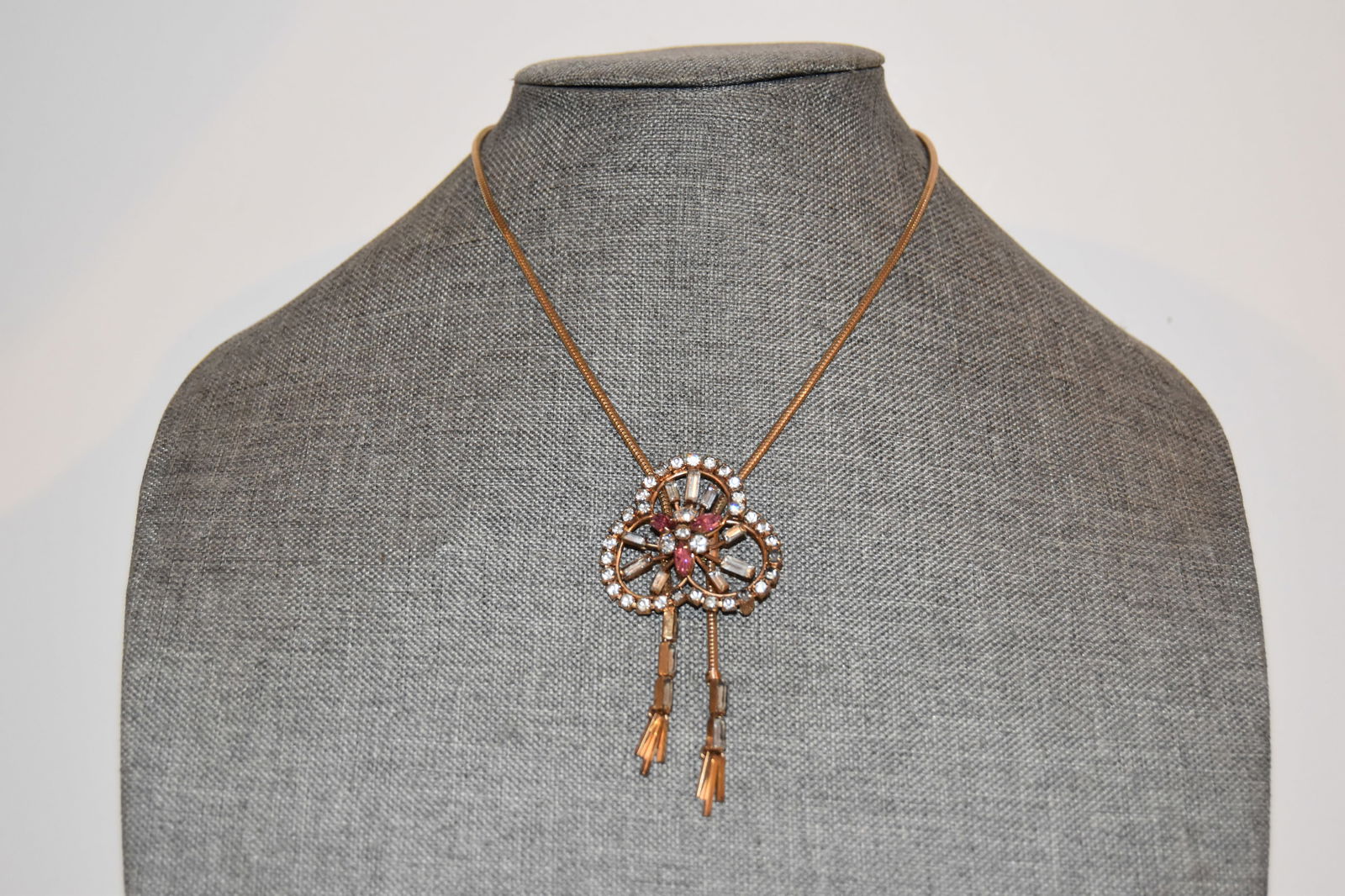 Vtg 1950s M&S 1/20 12K GF Clear & Amethyst Rhinestone Hibiscus Flower Brooch Pin necklace 18" (1 of 4)