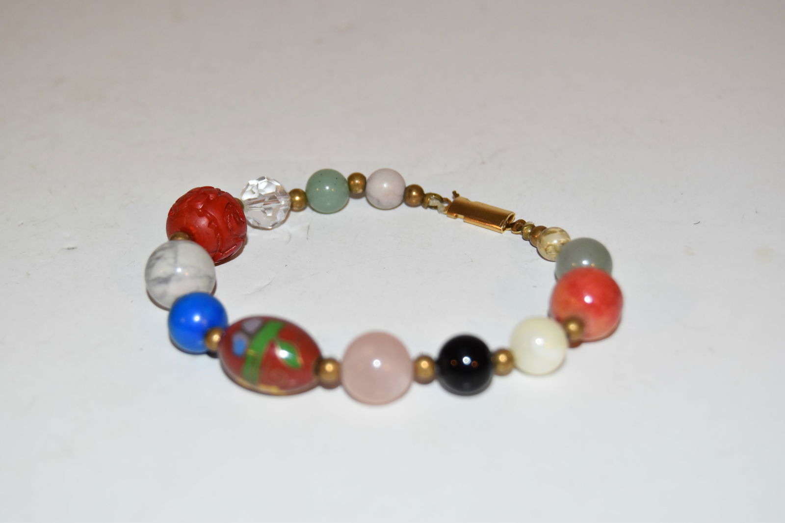 Vintage beaded Gem Stone Cloisonne Cinnabar Bracelet 8" (1 of 3)