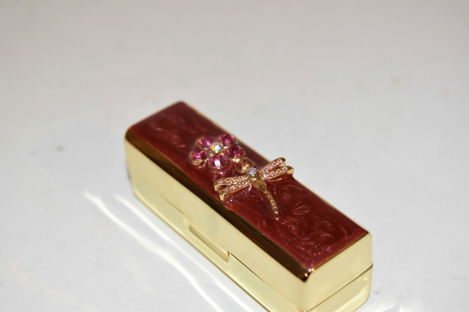 Fashionable Lipstick Case Holder with Mirror - Pink Rhinestones flower dragon fly (1 of 4)