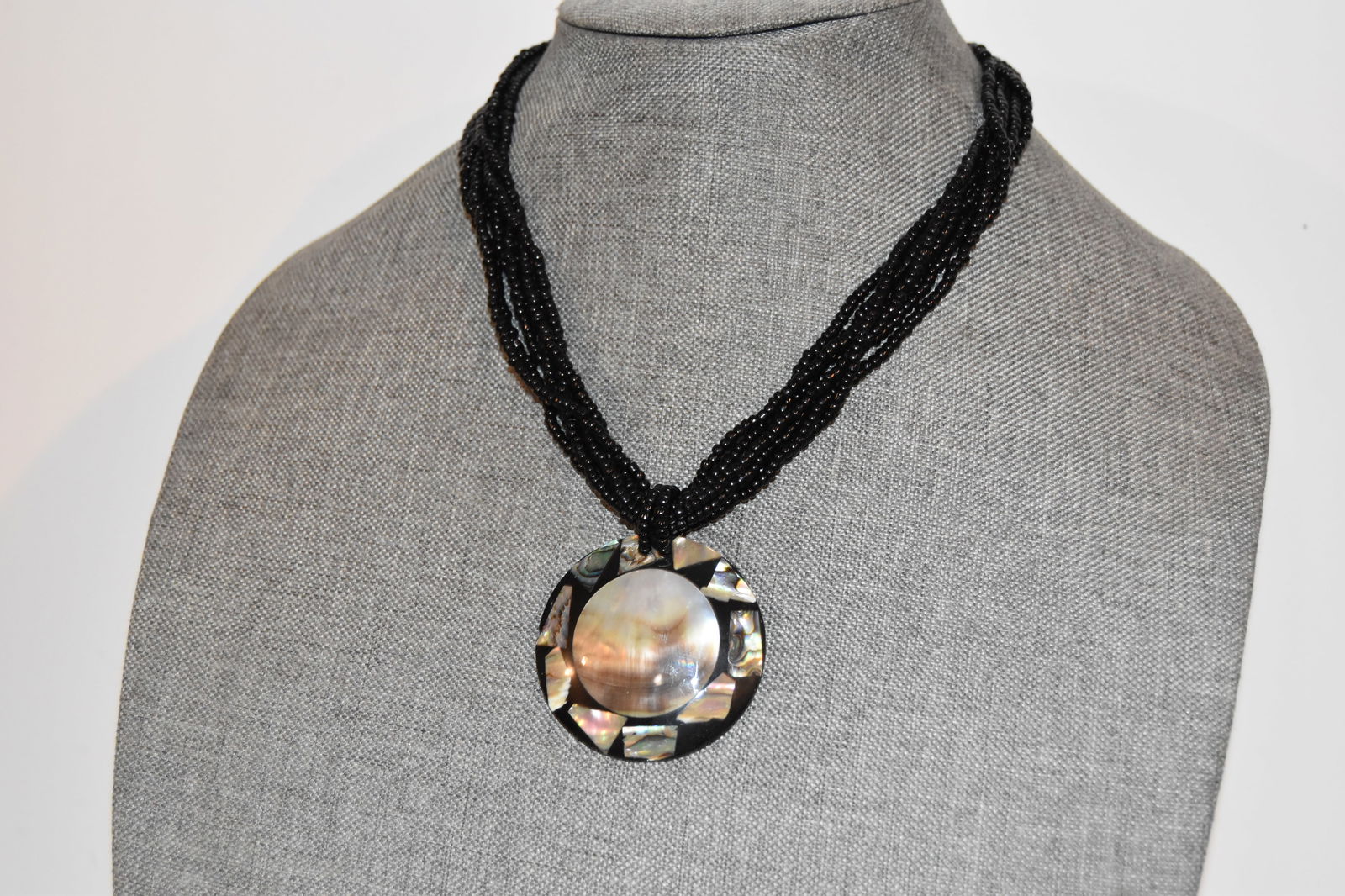 Vintage black tiny beaded choker wide mother of pearl Necklace pendant 14" (1 of 4)
