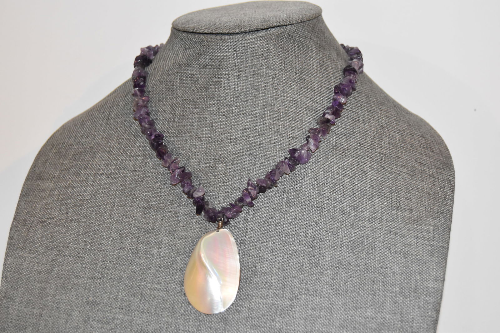 Vintage tested Amethyst beaded Necklace mother of pearl pendant sterling clasp (1 of 4)
