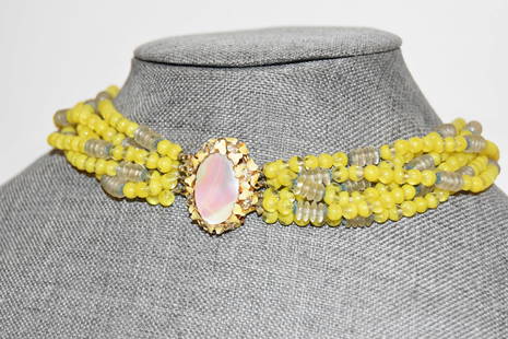 Vintage 5 strand Yellow Guess beaded enamel mother of pearl Necklace: Vintage 5 strand yellow Guess beaded enamel mother of pearl Necklace Please view all photos as they are part of the description and condition of this Item, Feel free to contact me with questions or pi