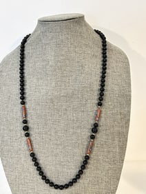 Vintage Black Onyx Glass & Cloisonne Beads Necklace