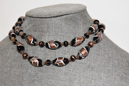 Murano Glass Necklace Black Swirl Copper Fleck Venetian