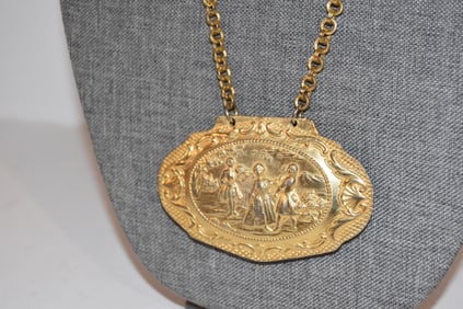 70s vintage KJL KENNETH LANE Mirror Pendant Necklace goldplate romantic repousse