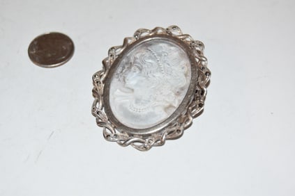 Vintage Sterling Silver Mother of pearl Lady Brooch 2"