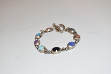 vintage Sterling Silver colorful mexico stone Bracelet 7"