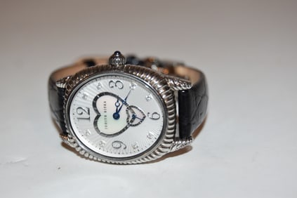 Judith Ripka Sterling MOP Double Heart DMQ Watch Black Leather works great!!!