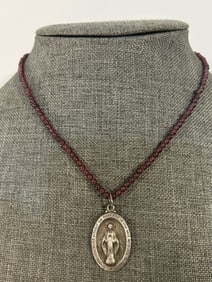 Vintage Sterling Silver religious amethyst beaded Necklace pendant