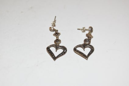 Vintage Sterling Silver thailand marcasite heart Earrings