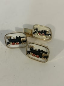 Vintage Train Swank Cufflinks gold-tone Classic Locomotive Design Cuff Links & tie clip