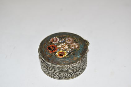 Vintage Italian Floral Micro Mosaic & Embossed Silver-tone Round Hinged Pill Box