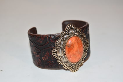 Signed Barse Tooled Leather Silver Plated Red Mangesite Stone Cuff Bracelet