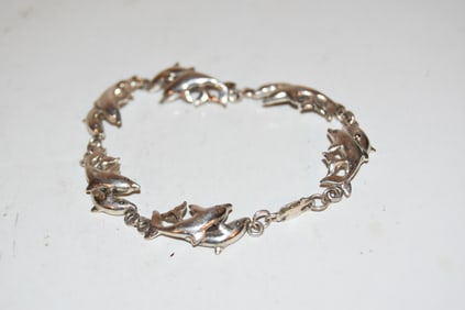 Vintage Sterling Silver Dolphins Bracelet signed PSC 7"