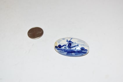 Vintage Delft Holland Blue & White Ceramic Windmill Pin Brooch