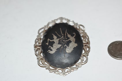 Siam Vintage 925 Sterling Silver Black Enamel Niello Dancers Filigree Brooch Pin