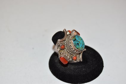 Large Sterling Silver Turquoise and Coral Ring Ring sz 8