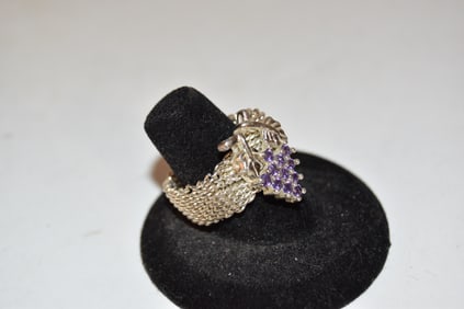 Vintage Sterling Silver mesh Amethyst grape Ring sz 9