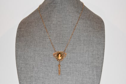 Vintage gold tone hand painted lady pendant Necklace.