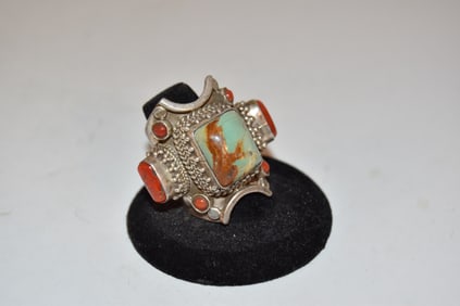 Large Sterling Silver Turquoise and Coral Ring sz 10