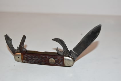 Vtg Ulster USA Official Boy Scout Folding Pocket Knife Embossed Nickel Shield small blade broken tip