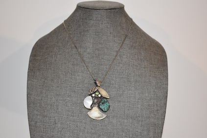 Vintage Navajo Southwest Zuni Turquoise mother of pearl Large Pendant necklace 3" x 1 3/4" chain 19"