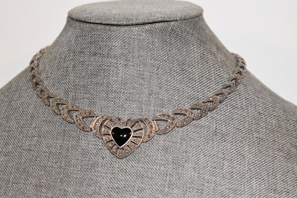 Vintage sterling silver onyx large marcasite heart Necklace 17" 54 grams