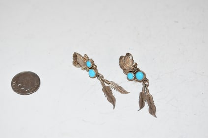 RARE Richard Begay RB Sterling Silver Feather TURQUOISE CORAL Pierced Earrings
