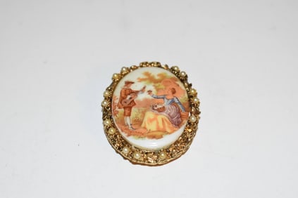 Vintage Goldtone Hand Painted Glass Brooch missing some pearls