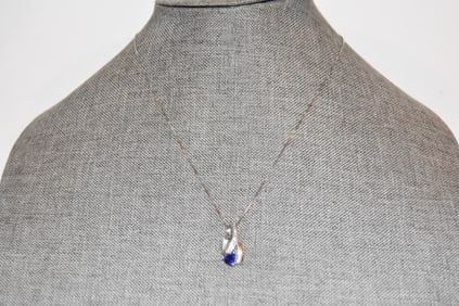 Vintage Sterling Silver Blue Topaz Necklace Pendant 18"