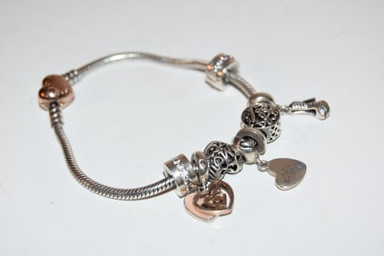 Pandora 925 ALE Hearts Bead Charm Bracelet 7 1/2" 8 charms