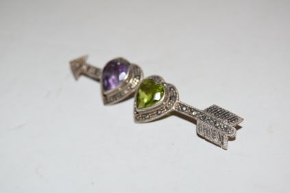 Vintage Sterling Silver heart & arrow marcasite Amethyst Brooch 1 5/8"