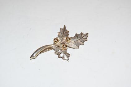 Vintage Sterling Silver & gold leaf Brooch 2 3/8"