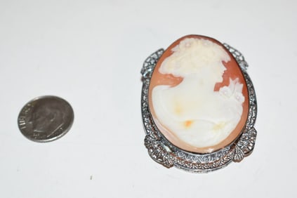 Antique Sterling Silver Filigree Finely Hand Carved Cameo Brooch Pin Pendant