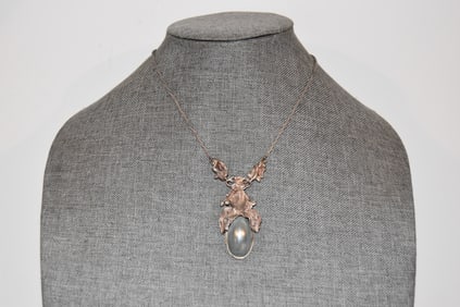 vintage sterling silver green pearl pendant necklace 16" signed