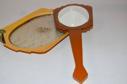 Vintage Art Deco-era Yellow Swirl Lucite Hand Mirror and Tray