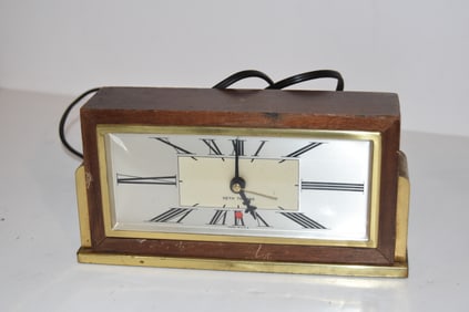 Art Deco Wood Brass Baxter E Seth Thomas Table Mantle Clock works but needs a plug.