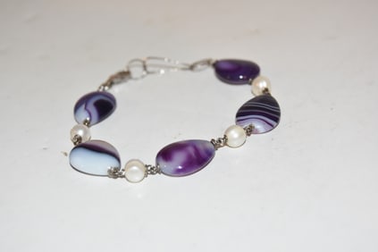 Vintage Sterling Silver Amethyst beaded Bracelet 8"