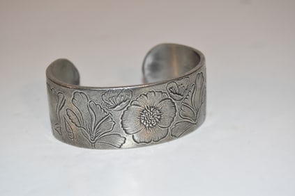 Vintage Salisbury Pewter Wide Cuff Bracelet, August Flower 8"