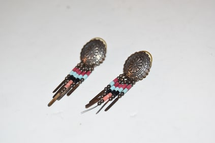Vintage Navajo Zuni Engraved Sterling Silver Tubular Turquoise Dangling Earrings