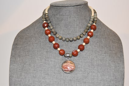 Vintage Sterling Silver red jasper double beaded Necklace pendant 15"