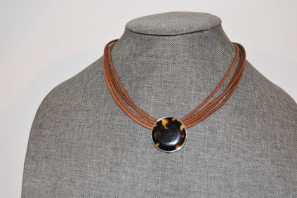 RALPH LAUREN Multi Cord Faux Tortoise Shell Pendant Choker Necklace 14"
