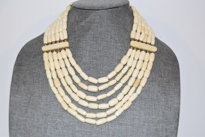 Vintage white bone beaded six strand Necklace 16"