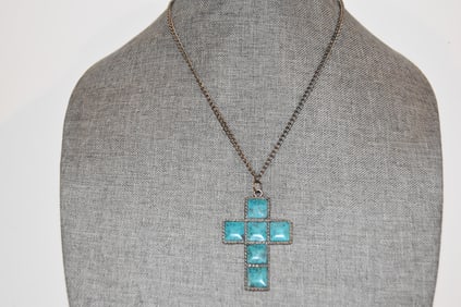 Turquoise Large Cross Pendant not sterling 18"