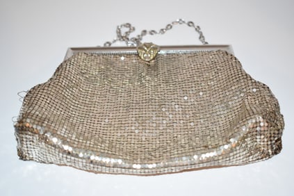 Whiting and Davis Silvertone mesh purse with rhinestones missing 1 stone