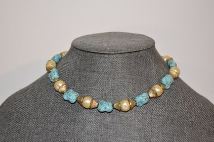Signed TRIFARI Vintage Turquoise Baroque Pearl Goldtone 1960s Necklace 15"