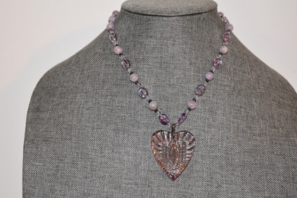 Vintage beaded Necklace Amethyst Central heart Stone is not 16"