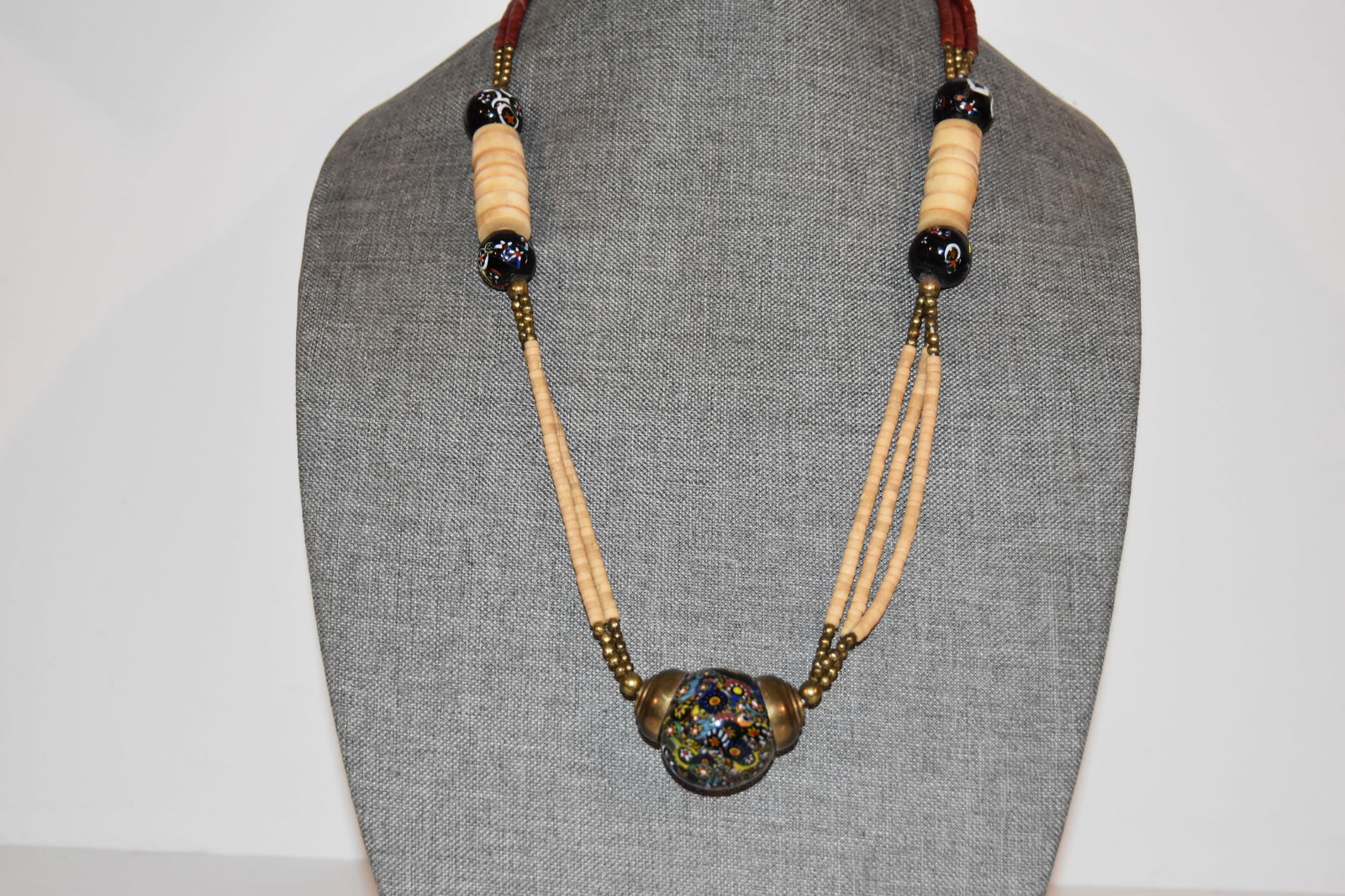 Vintage Italian Murano Millefiori Art Glass Round & Rectangle Beaded Necklace 26" (1 of 7)